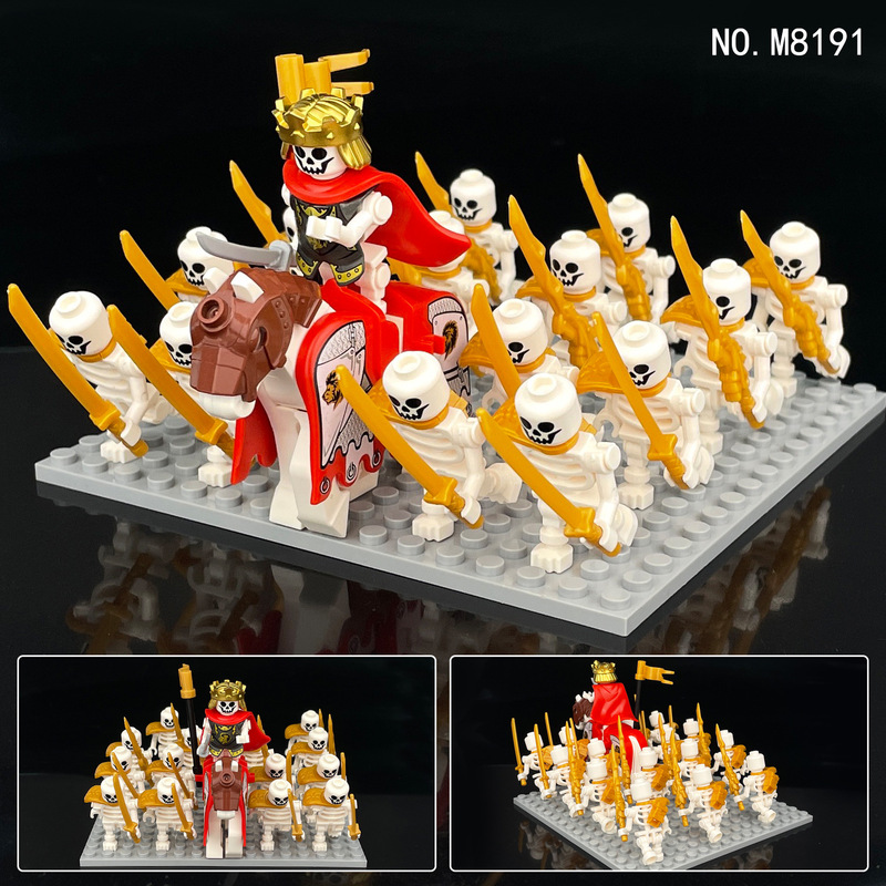 Cross-Border Wholesale M8191 Skeleton Army Medieval Minifigure White Horse Baseplate Children's Assembly Small Particle Building Block Toys