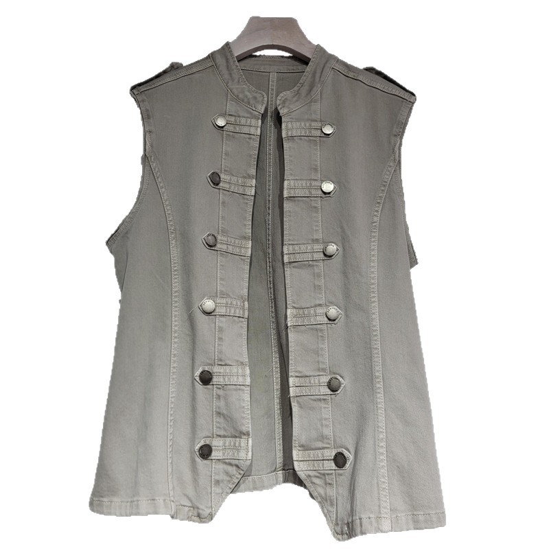 Inswind Lady Street Fashion New Double-Botón Collar Standing Chaqueta de chaleco de vaqueros sin mangas