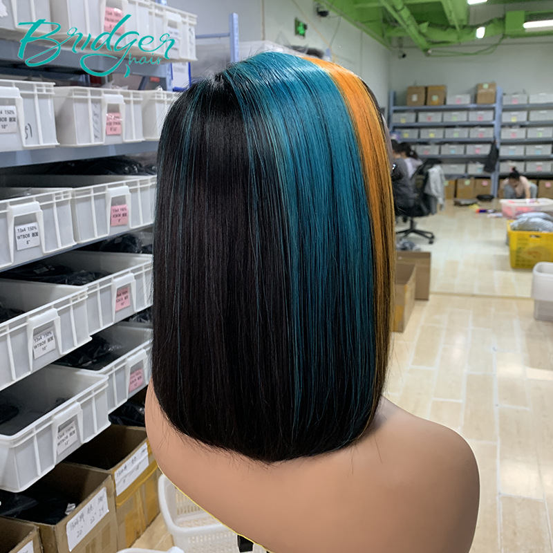 Bob Echthaarperücke Mit Highlights Orange Blau Ohne Lace Front_voghion.com