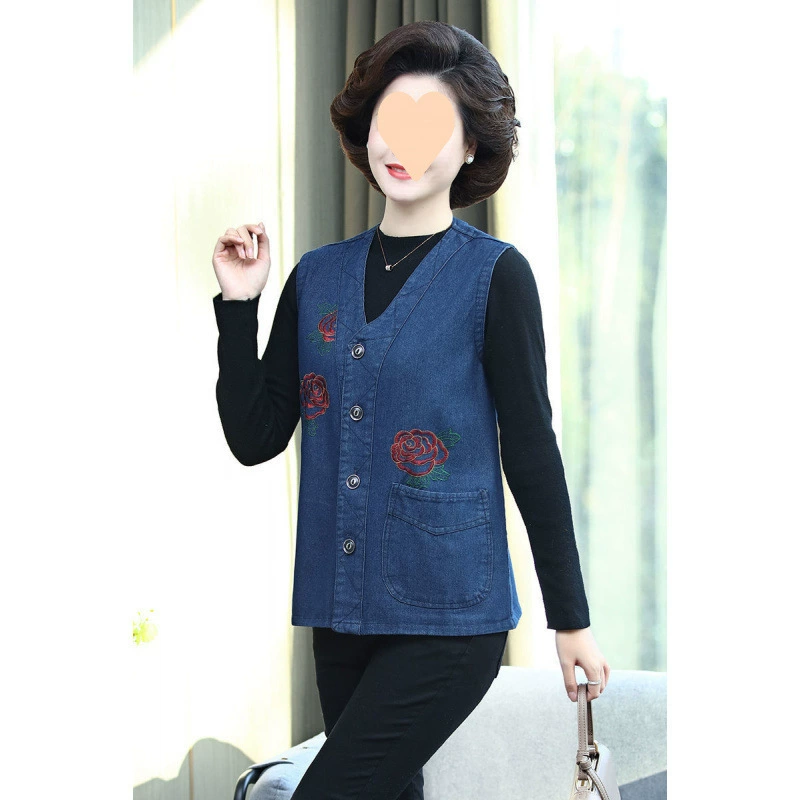 Джинсовый жилет для женщин среднего и пожилого возраста, весенне-осенний топ, пальто для мамы, куртка без воротника без рукавов, весенне-летний однослойный тонкий жилет больших размеров.