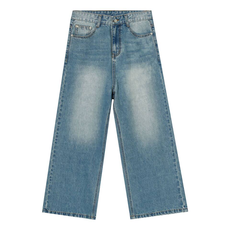 Quần jean nam ống rộng phong cách Hàn, lưng vừa, dài chạm gót, denim mềm mỏng — Màu xanh lam