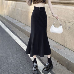黒い魚の尾のスカートの半身のスカートの女性の春秋2025の新型の中で長いタイプの高腰のオープンフォークのハスの葉の辺のa字のヒップのスカート