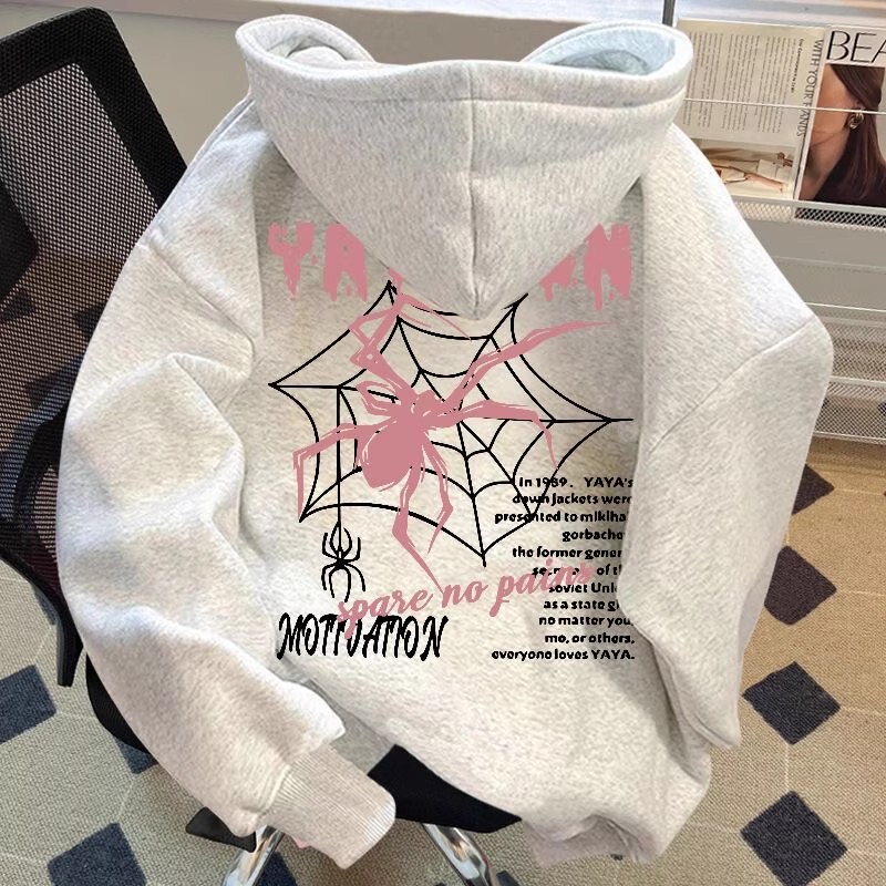 Hooded Sweatshirt Men's Autum New American Street Trendy Pink Spider Print Casual Tops Jacket Hooded