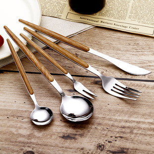 New Style Internet Celebrity Stainless Steel Tableware with Clip Handle Portuguese Style Imitation Wood Grain Steak Knife with Clip Handle Dish Fork Dish Spoon Dessert Fork