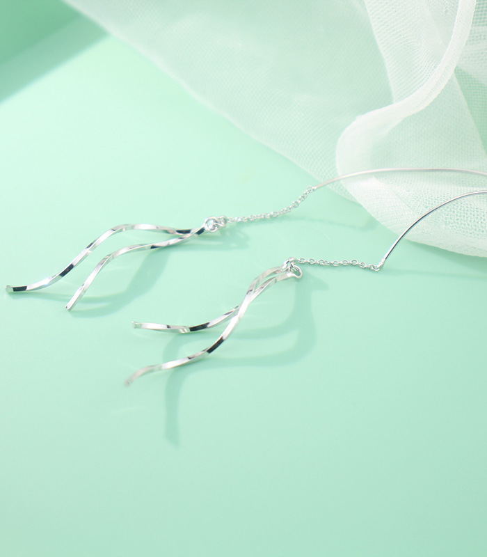 925 pendientes de plata de la onda de las mujeres de estilo coreano elegante simple pendientes de borla larga cara redonda pendientes de adelgazamiento