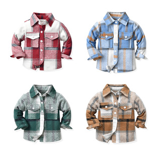 Autumn Boys' Jacket Korean Style New Children's Neutral Plaid Turn-Down Collar Brushed Long-Sleeve Top Trendy Short Cardigan
