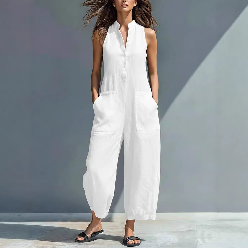Women's Casual Sleeveless Stand Collar Jumpsuit with Pockets Fashionable Romper for Ladies_voghion.com