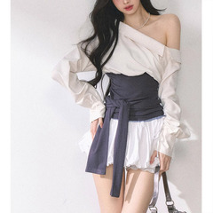 法式韩系氛围感斜肩辣妹恤女夏收腰显瘦设计感高级通勤衬衫上衣
