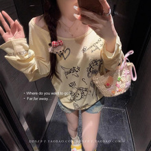 慵懒风卡通印花薄款打底衫女2025秋季新款设计感斜肩防晒罩衫上衣