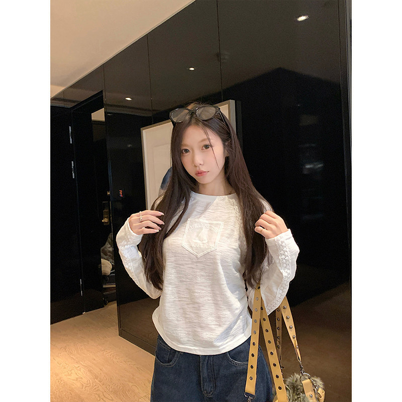 Morning Collar [Original Quality] [Jacquard Fabric] Patchwork Lace Sailboat Embroidery Long Sleeve T-Shirt with Unique Round Neck