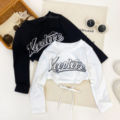 女童韓系2023年春裝女童字母短款背後系帶舞蹈上衣T恤0156A005