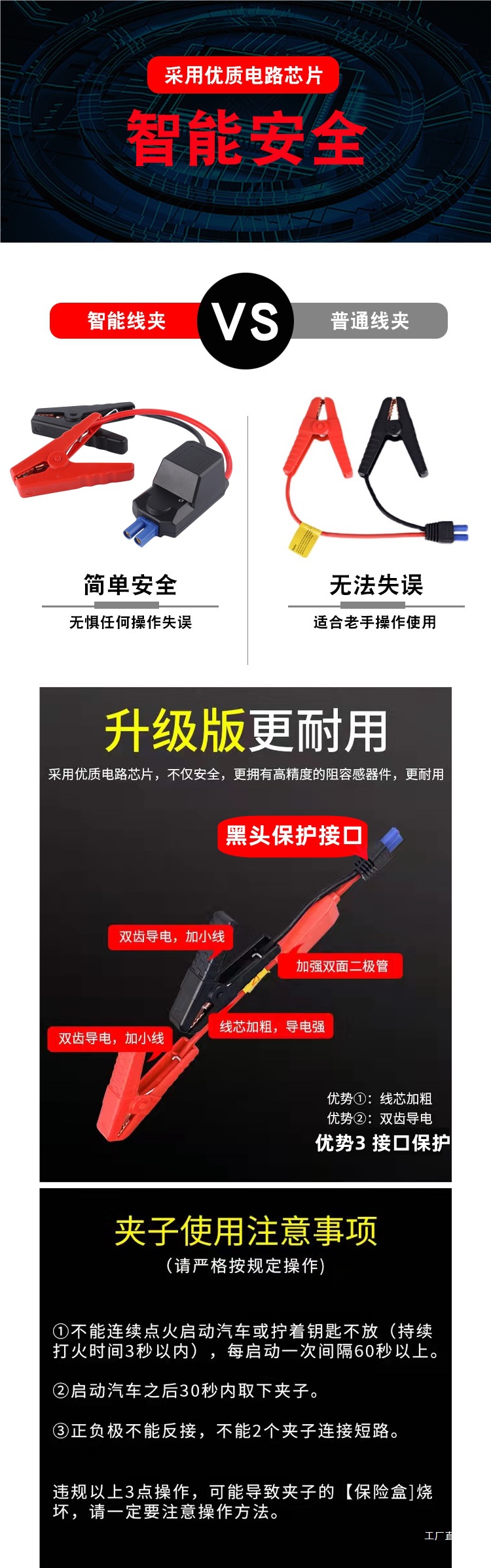 Car Emergency Jump Starter Power Supply with Fire Wire Clip, Battery Clamp Connection Cable, Emergency Power Supply Jumper Wire, Ignition Peihui