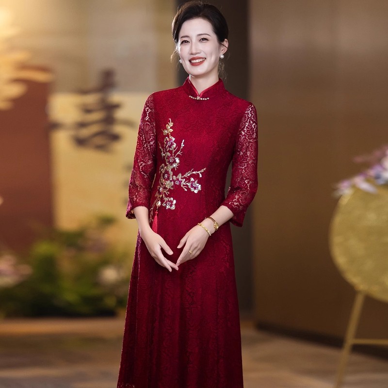 yhfs7318喜婆婆婚宴装礼服裙2025新款结婚旗袍年轻款酒红色连衣裙|undefined