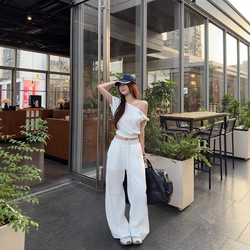 2026 New Stylish Asymmetrical Neckline Off-Shoulder Waffle Short-Sleeve T-Shirt + Women's Loose Straight-Leg Casual Wide-Leg Pants Set