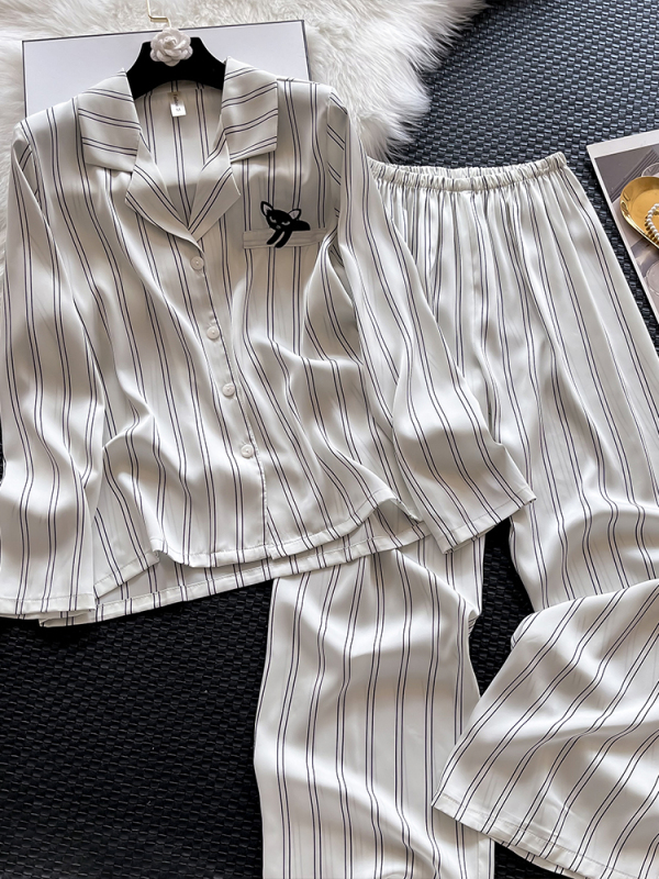 真丝睡衣女春秋夏季长袖情侣感条纹家居服桑蚕丝两件套装男|undefined
