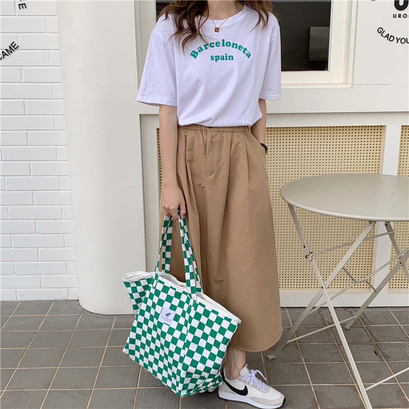 【 In Stock 】18181 checkerboard green checkered canvas bag, school-style commuter single-shoulder bag, retro hand-held tote bag undefined