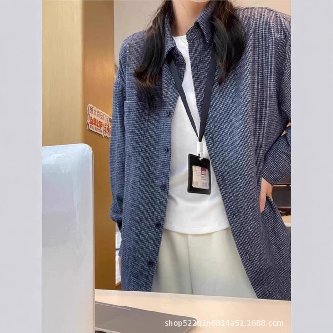 Продвинутый оттенок синий клетчатый хлопчатобумажный блузка топ женский корейский новый свободный с длинными рукавами рубашка куртка оптом