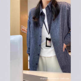 高级感蓝色格子棉麻磨毛衬衫上衣女韩系新款宽松长袖衬衣外套批发
