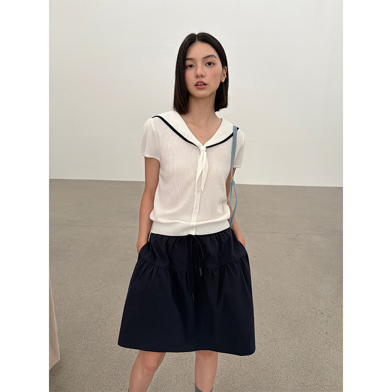 [Clearance No Returns] Fu Korean Style Women's Navy Collar Short-Sleeve Knit Top Women's Autumn 2025 New Model 1099