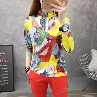8819 Spring Summer Autumn Collar Quick-drying Clothes Women's Breathable Printed Long-sleeved T-shirt Outdoor Running Hiking Fitness Cycling Clothes