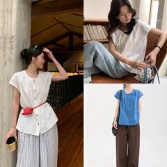 韓国のデポジット2025春夏の新型丸襟単列ボタンデザイン飛袖ストラップ付きシャツ女
