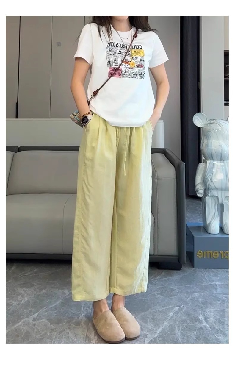 Quần culottes nữ ống rộng vải lyocell linen mùa hè dáng suông ống đứng — Xanh da trời chín phân chi tiết 11