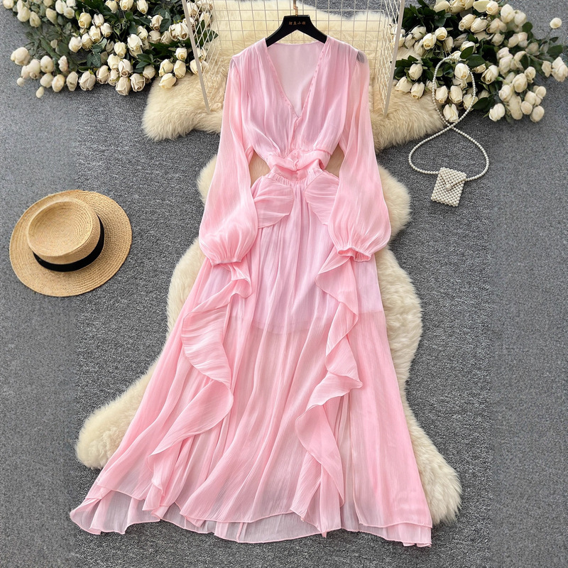 Carefully Selected French Elegant Women's Dress, Heavy Beaded V Neck Waistband, Lantern Sleeves, Elegant Ruffled Streamers, Long