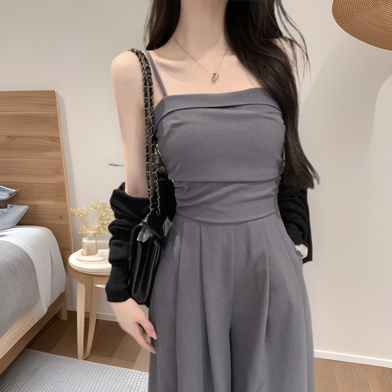 150 Short Draped Sleeveless Strap Jumpsuit Women's Spring and Summer Tight Waist Strap Pants Straight-leg Wide-leg Trailing Pants