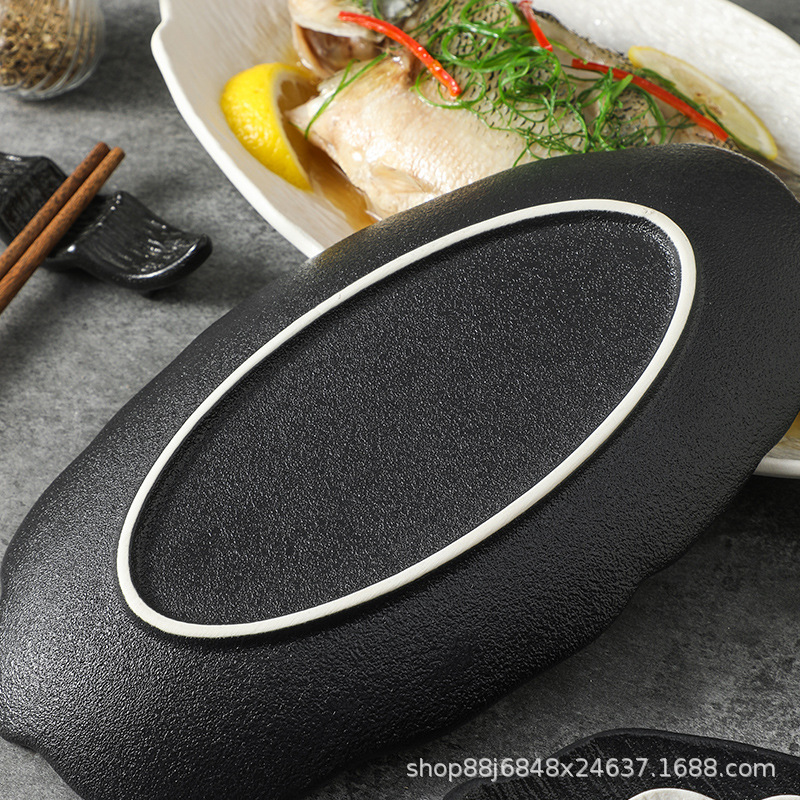 ドロップシッピングセラミックオーバルフィッシュプレート家庭用蒸し魚プレートハイエンドライト高級ホテルレストラン業務用食器|undefined