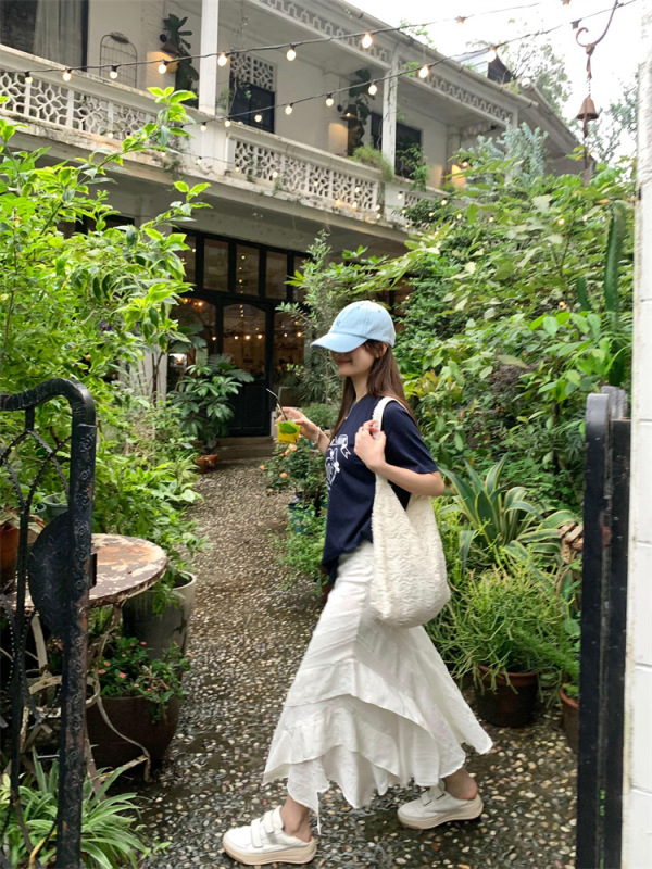 乌77感不规则白色半身裙女甜美少女蕾丝拼接高腰侧开叉鱼尾裙|undefined
