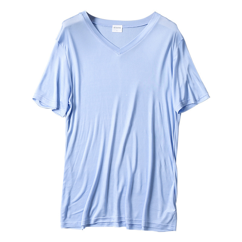 Silk T-shirt men's summer V-neck short-sleeved sports undershirt home pajamas casual bottoming shirt mulberry silk cultural shirt Silk T-shirt men's summer V-neck short-sleeved sports undershirt home pajamas casual bottoming shirt mulberry silk cultural shirt