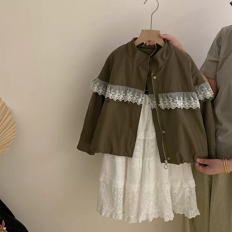 女童蕾丝拼接设计感棒球服外套2025春秋季新款宽松显瘦百搭夹克潮