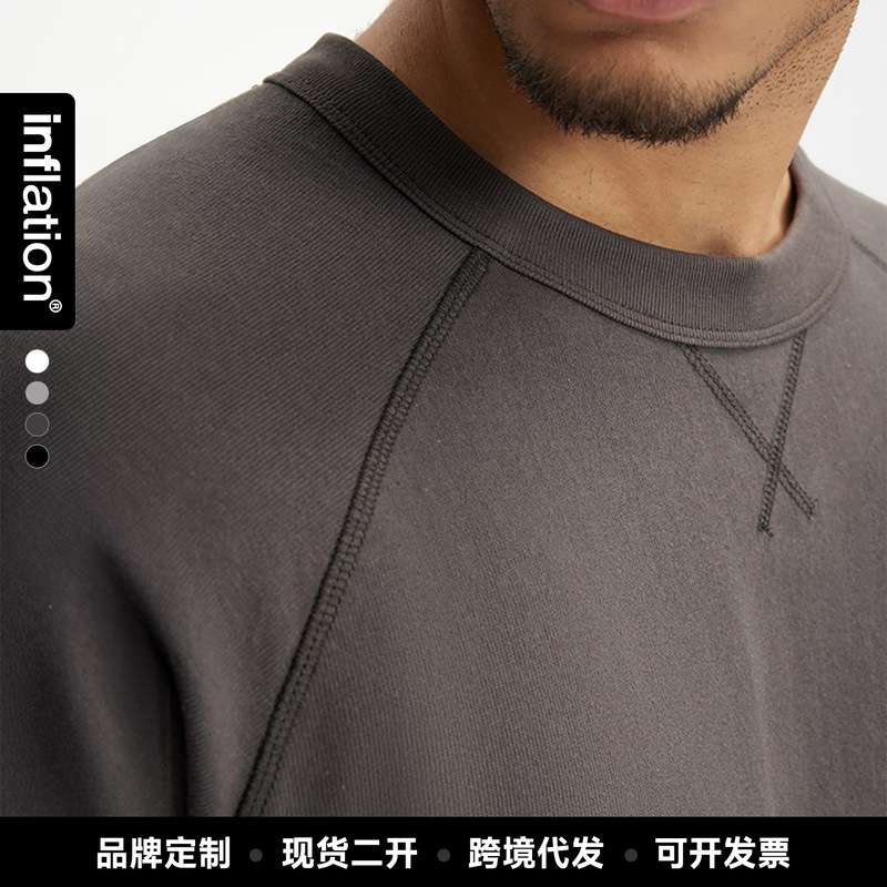 Jie Zhan Men's Clothing | Heavyweight Pure Cotton American-Style Raglan T-Shirt, New Summer Model with Split Hem, Vintage Short-Sleeve T-Shirt Top.