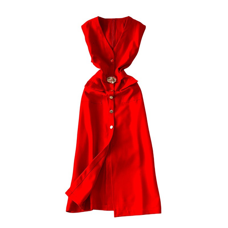 Sophisticated V-Neck Sleeveless Blazer Dress With Metal Buttons, Slimming Waist & High Slit_ecoleips.com