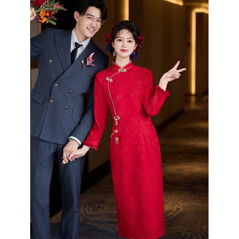 Red Cheongsam Toast Dress for Bride, Winter Engagement Wedding Dress, New Chinese-Style Wedding Dress for Homecoming, Winter Fleece-Lined and Thickened