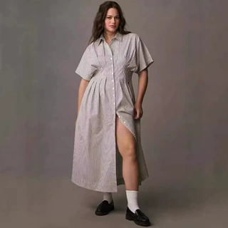 2024跨境新款女装欧美风翻领条纹排扣收腰修身显瘦连衣裙长款衬衣