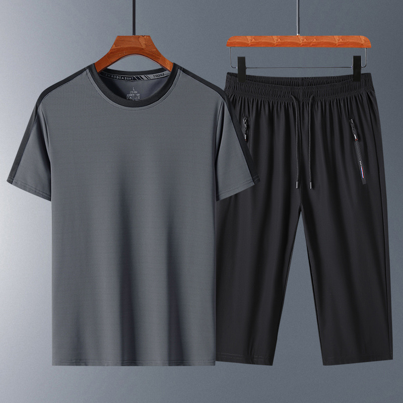 Trajes de hielo para hombres, trajes deportivos casuales de cuello redondo, mangas cortas, pantalones sueltos de siete puntos para hombres, set transpirable de verano de secado rápido de dos piezas