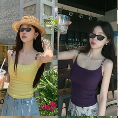 猫眼石串珠一体夏季短款吊带带胸垫细肩带内搭外穿修身美背上衣女
