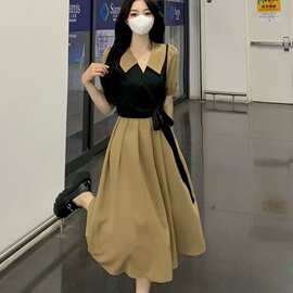 大码女装翻领连衣裙女夏季系带收腰马甲假两件娃娃领中长款连衣裙