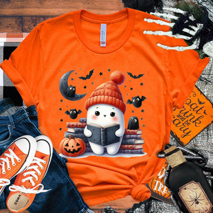 Halloween Boo Bat Book Printed T-Shirt Unisex Casual Top Harajuku Short Sleeve