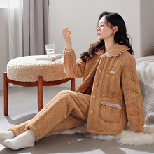 2025新款冬季女士三层夹棉睡衣冬天大码套装珊瑚绒加绒加厚家居服