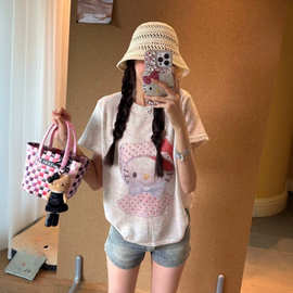 韩系卡通印花短袖T恤女夏季新款甜美可爱趣味圆领复古显瘦上衣INS