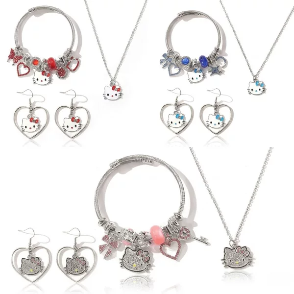 Sanrio Hello Kitty Beaded Bracelet, Necklace, and Earrings Three-Piece Set, Pan-Style Beaded Bracelet and Necklace Set