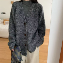 韩系中长款V领花线针织开衫女秋冬新款宽松慵懒大版毛衣外套女潮