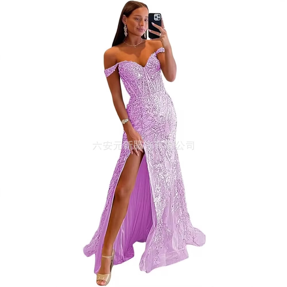 Comercio exterior europeo y americano Amazon hombro abierto vestido de baile largo de diafragma de encaje decal de mujer vestido de noche de cola de pescado