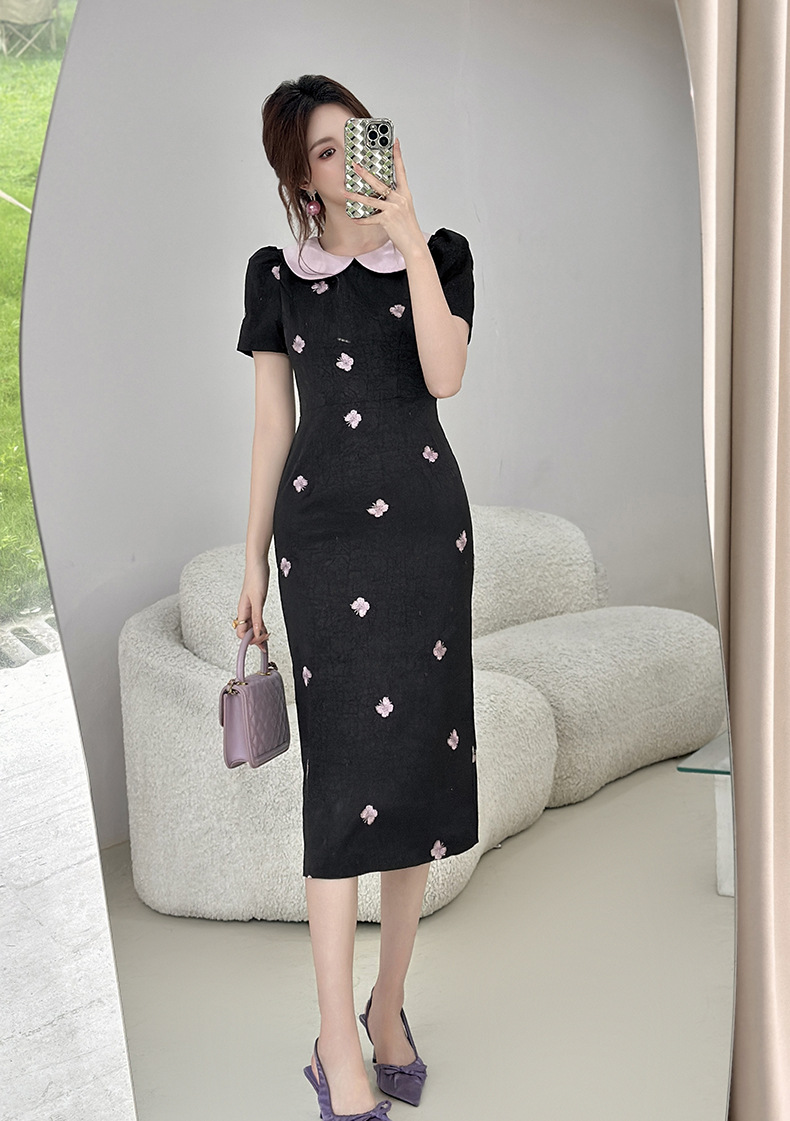 Váy ôm body nữ kiểu Pháp cổ điển mặt búp bê thêu hoa — màu đen chi tiết 5