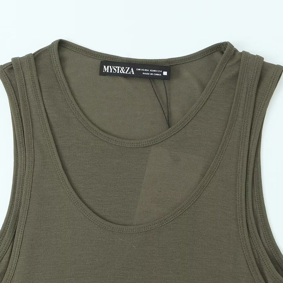 Women's Slim Fit Double-Layer Sleeveless U-Neck Top - Versatile Layering Essential In Black, White, Olive Green_ecoleips.com