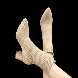 2025 Autumn and Winter New Style Fly Woven Thick Heel Short Boots Pointed Toe Elastic Sock Boots Fashion High Heel Fashion Single Boots Wholesale