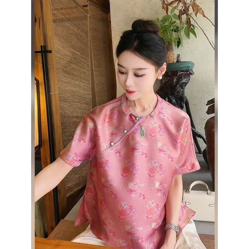 新しい中国風の婦人服 2025 夏服ユニークでシックな唐装中国風ピンク半袖シャツハイエンド宋錦トップ|undefined