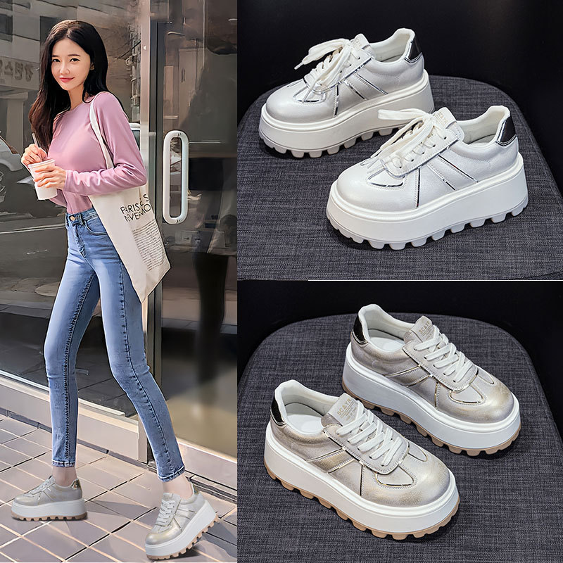 Women's White With Thick Soles And Internal Height Increase, 2026 New Vintage Casual Fashion Sports Comfortable Sneakers_vogvips.com